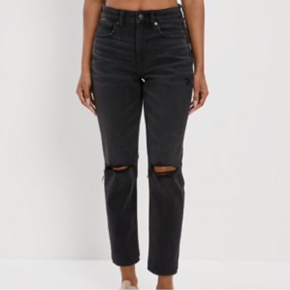 AE American Eagle Black Ripped Mom Straight Jean Women's Size 00